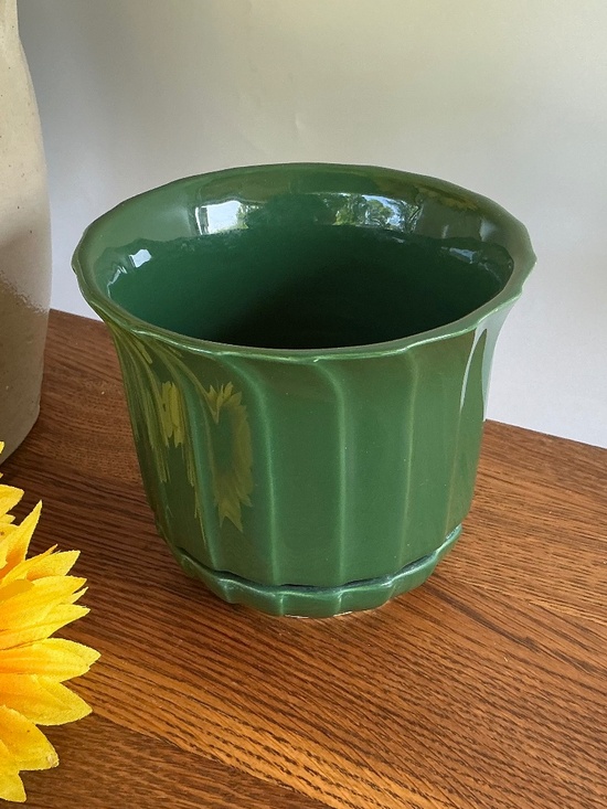 Vintage Other - Vintage MCM Green Ribbed Ceramic Planter Flower Pot Attached Saucer